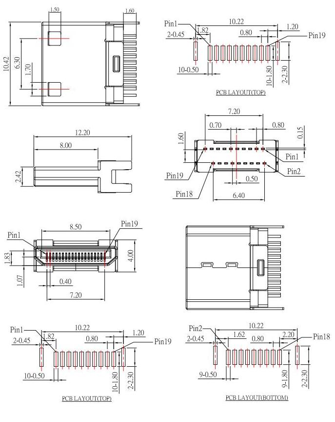 HDMI-C-3 ,HDMI JACK C TYPE ,公頭HDMI夾板式，HDMI plug規(guī)格圖